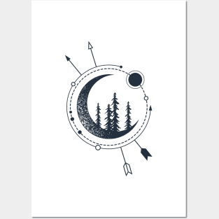 Forest And Сrescent. Pine Trees On The Moon. Creative Illustration. Geometric, Line Art Style Posters and Art